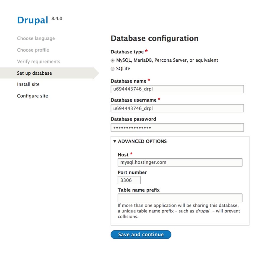 nhập thông tin database để cài đặt Drupal
