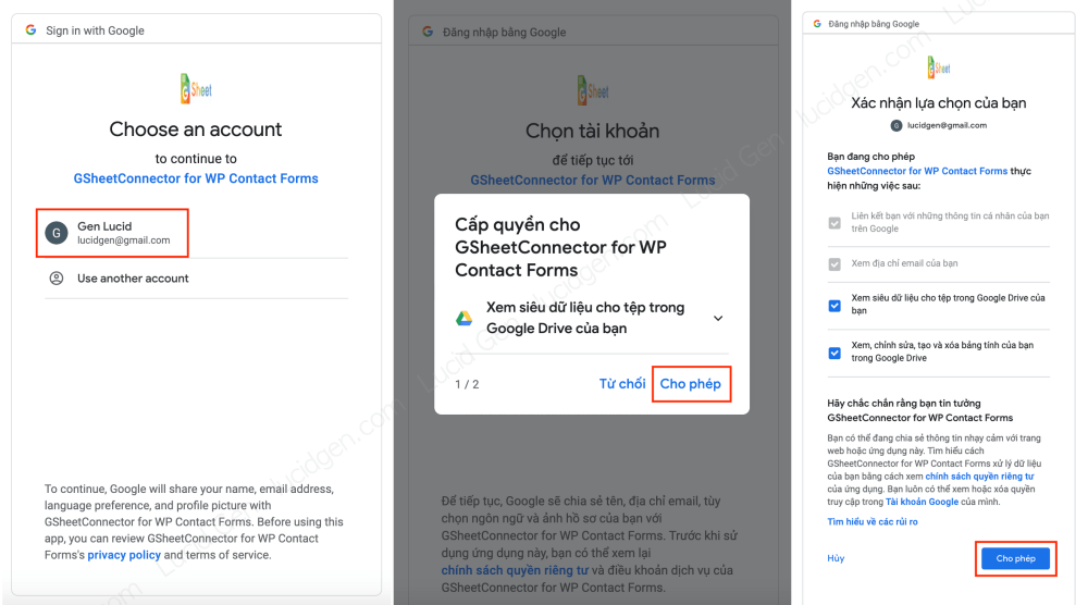 Chọn tài khoản và nhấp Cho phép để kết nối Contact Form 7 với Google Sheet