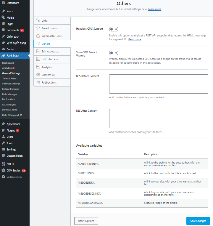 Thiết lập Others trong Rank Math SEO