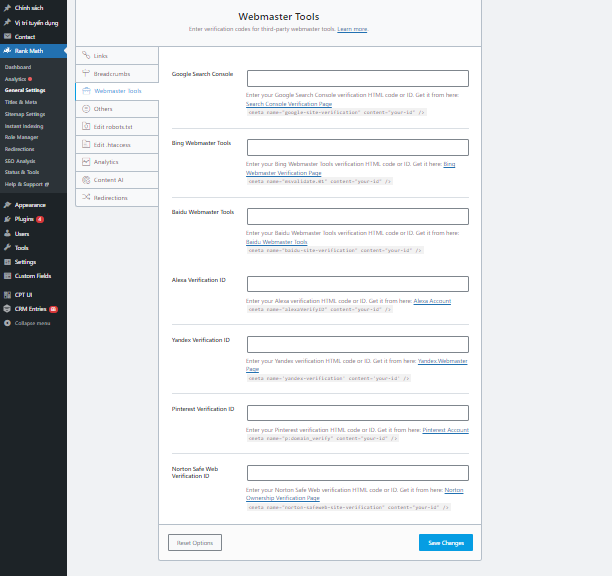 Thiết lập Webmaster Tools trong Rank Math SEO